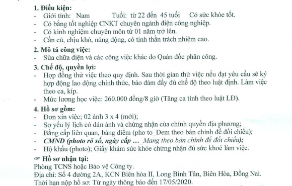 Tuyển dụng công nhân kỹ thuật Điện