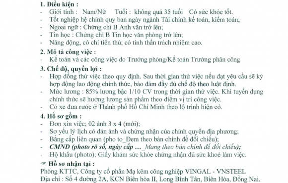 Thông báo tuyển dụng kế toán