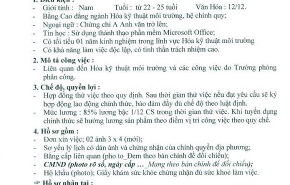 Thông báo tuyển dụng nhân sự nghành Hóa