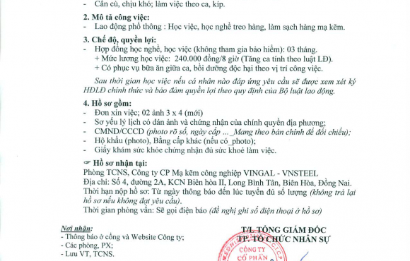 Thông báo tuyển dụng lao động phổ thông 25/9/2018