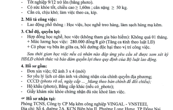 tuyen dung 62026 Thông báo tuyển dụng công nhân PX Mạ