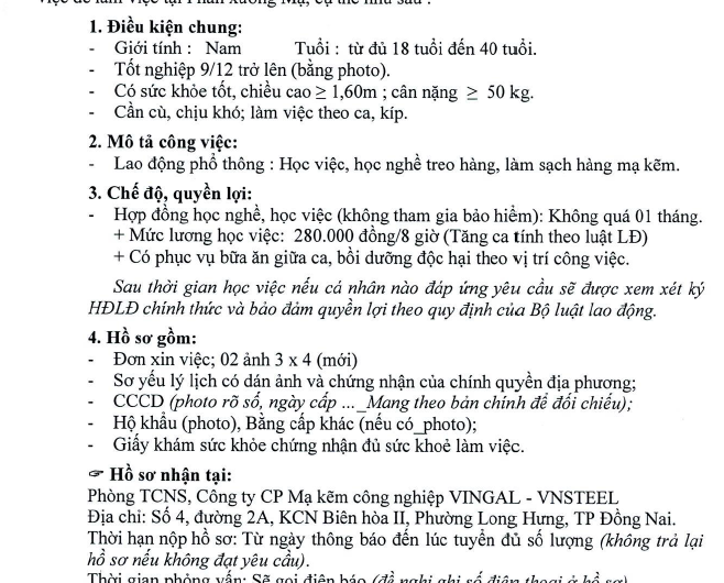 tuyen dung 62026 Thông báo tuyển dụng công nhân PX Mạ
