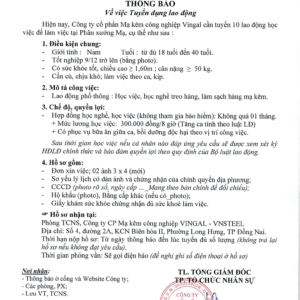 tuyendung15092026 Thông báo tuyển dụng lao động phổ thông