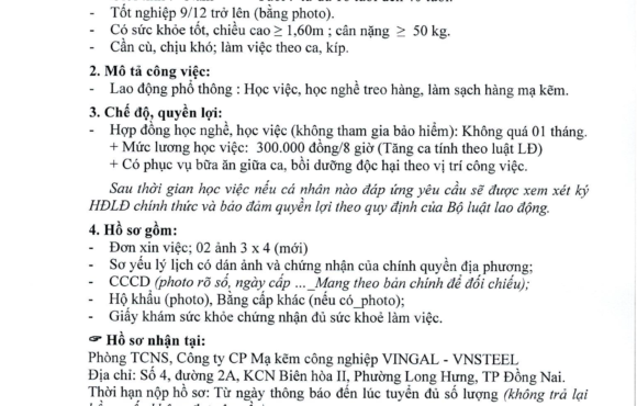 tuyendung15092026 Thông báo tuyển dụng lao động phổ thông
