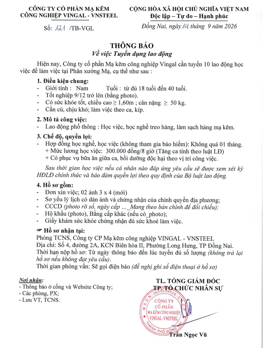 Thông báo tuyển dụng lao động phổ thông