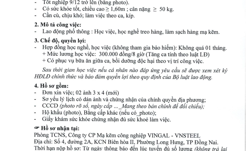 tuyendung15092026 Thông báo tuyển dụng lao động phổ thông